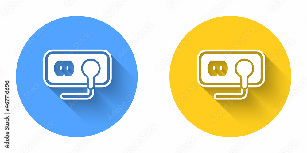White Electrical outlet icon isolated with long shadow background. Power socket. Rosette symbol. Circle button. Vector White Electrical outlet icon isolated with long shadow background. Power socket. Rosette symbol. Circle button. Vector