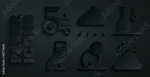 Set Wooden barrel for wine, Wine temperature, tasting, degustation, Sun and cloud weather, Cloud with rain and Tractor icon. Vector