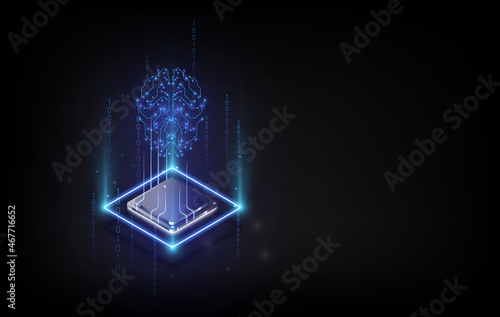 Artificial Intelligence hardware concept. Glowing blue brain circuit on microchip on computer motherboard. For big data processing, ai trading, machine learning, technology background