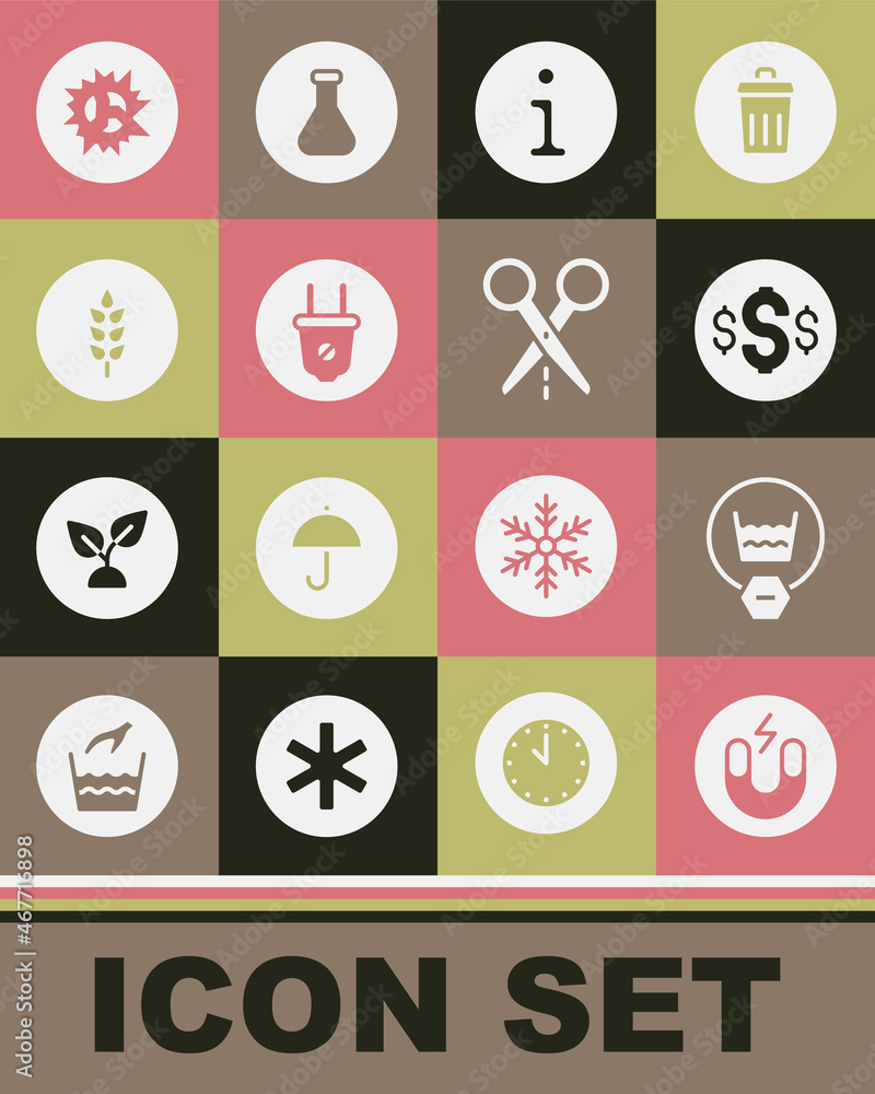 Set Magnet, Delicate wash, Dollar symbol, Information, Electric plug, Wheat, Bomb explosion and Scissors with cut line icon. Vector Set Magnet, Delicate wash, Dollar symbol, Information, Electric plug, Wheat, Bomb explosion and Scissors with cut line icon. Vector