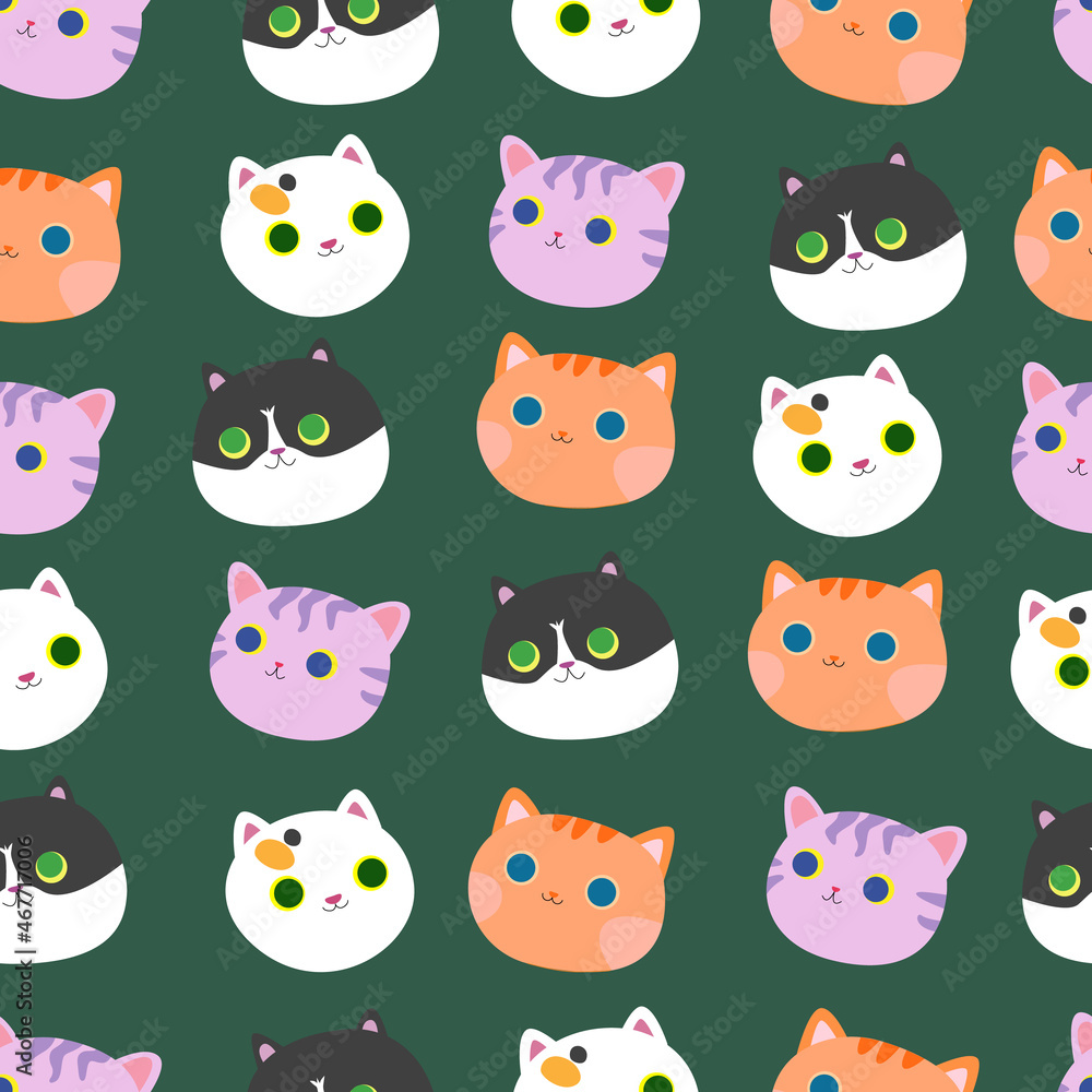 Cat face seamless pattern. Animal heads pattern. Cute cartoon pet. Stock vector illustration.