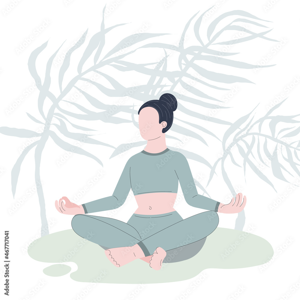 Yoga. Woman in lotus asana position. Healthy lifestyle. Breathing and meditation, calmness. Stock flat cartoon illustration on white background.
