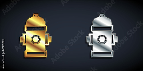 Gold and silver Fire hydrant icon isolated on black background. Long shadow style. Vector