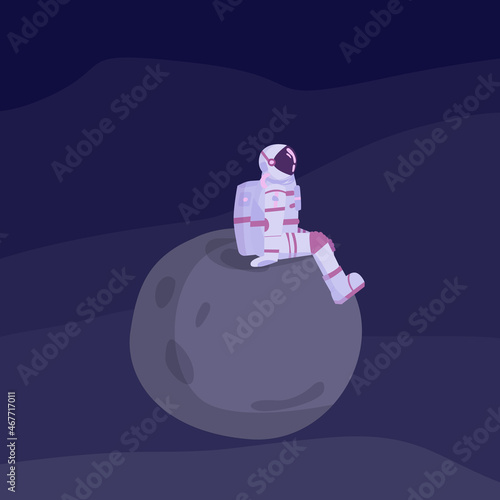 astronaut is sitting on the moon. Spaceman in space. Lonely planet and asteroid.