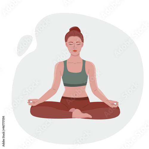 Yoga. Woman in lotus asana position. Breathing and meditation, calmness. Healthy lifestyle. Stock flat cartoon illustration on white background.
