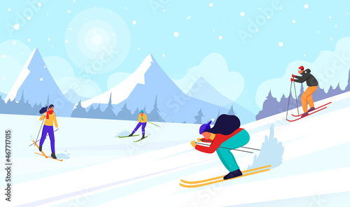 Happy man and woman ride skis in Alps. Winter mountain landscape with skiers. Blue sky, tops of rocks on background. Winter sport activities. Skiing resort. Vector illustration