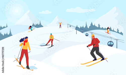 Happy man and woman ride skis in Alps. Winter mountain landscape with skiers. Blue sky, tops of rocks on background. Winter sport activities. Skiing resort. Vector illustration