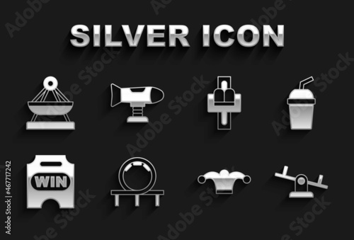 Set Roller coaster, Paper glass with water, Seesaw, Jester hat bells, Circus ticket, Attraction carousel, Boat swing and Swing plane icon. Vector
