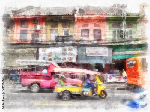 landscape of buildings in the Bangkok city watercolor style illustration impressionist painting.
