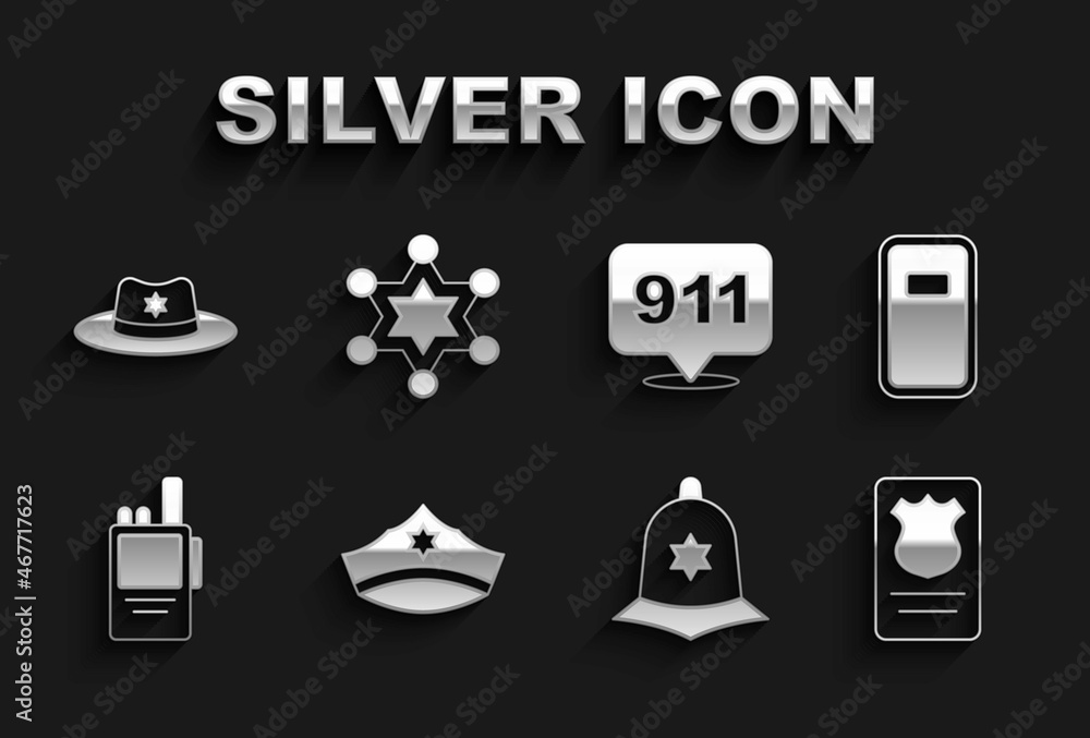 Set Police cap with cockade, assault shield, badge id case, British police helmet, Walkie talkie, Telephone call 911, Sheriff hat and Hexagram sheriff icon. Vector Set Police cap with cockade, assault shield, badge id case, British police helmet, Walkie talkie, Telephone call 911, Sheriff hat and Hexagram sheriff icon. Vector