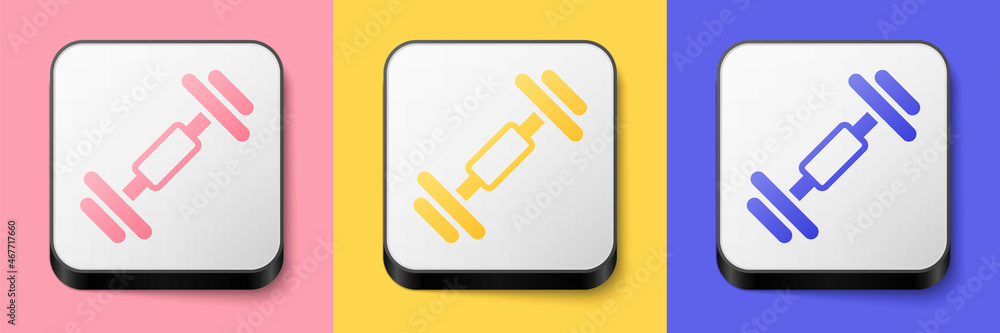 Isometric Dumbbell icon isolated on pink, yellow and blue background. Muscle lifting, fitness barbell, sports equipment. Square button. Vector Isometric Dumbbell icon isolated on pink, yellow and blue background. Muscle lifting, fitness barbell, sports equipment. Square button. Vector