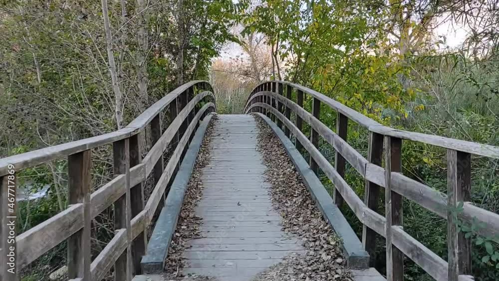 Walking on the wooden bridge in the park on sunset, first person view Walking on the wooden bridge in the park on sunset, first person view
