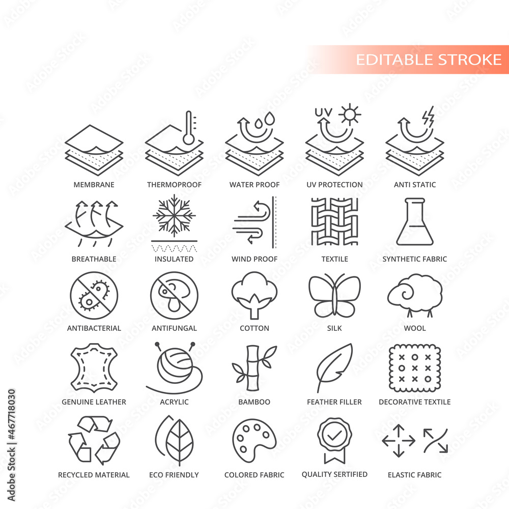 Fabric material feature live vector icon set. Fabrics features and properties symbols, editable