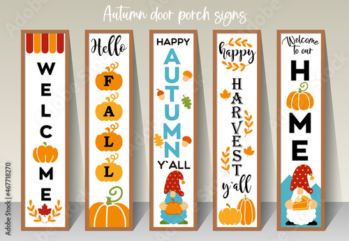 Autumn lettering with pumpkin, gnomes and leaves Vertical Thanksgiving sign.