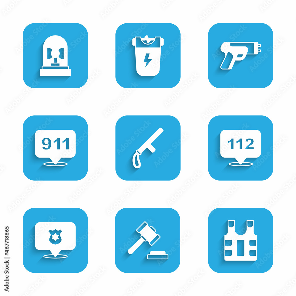 Set Police rubber baton, Judge gavel, Bulletproof vest, Telephone call 112, badge, 911, electric shocker and Flasher siren icon. Vector Set Police rubber baton, Judge gavel, Bulletproof vest, Telephone call 112, badge, 911, electric shocker and Flasher siren icon. Vector