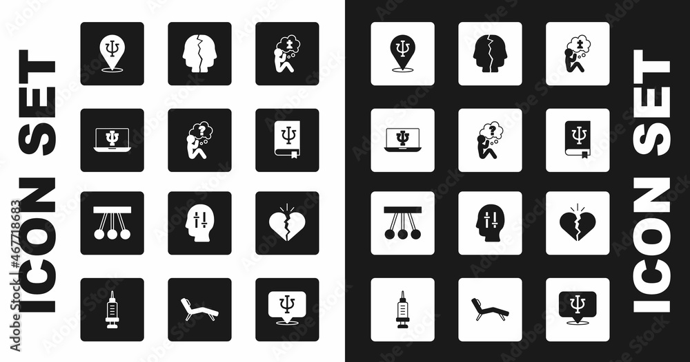 Set Man graves funeral sorrow, Head with question mark, Psychologist online, Psychology, Psi, book,, Bipolar disorder, Broken heart divorce and Pendulum icon. Vector Set Man graves funeral sorrow, Head with question mark, Psychologist online, Psychology, Psi, book,, Bipolar disorder, Broken heart divorce and Pendulum icon. Vector