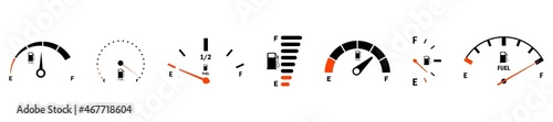 Fuel gauge scale and fuel meter. Fuel indicator. Gas tank gauge. Speedometer, tachometer, indicator icons. Performance measurement. White background. Vector illustration. EPS 10