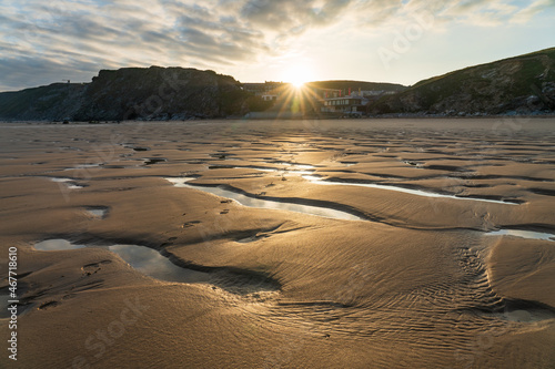 Watergate Beach at sunrise in Cornwall. UK