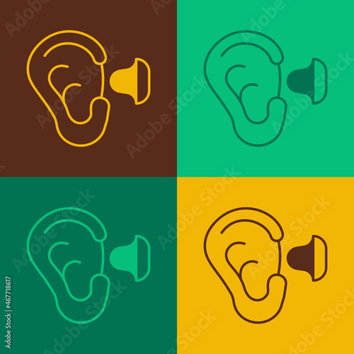 Pop art Earplugs and ear icon isolated on color background. Ear plug sign. Noise symbol. Sleeping quality concept. Vector