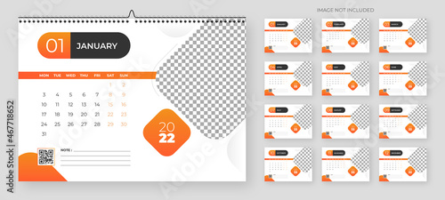 Calendar design for 2022. Week starts on Monday. Set of 12 calendar pages vector design print template with place for photo and company logo. Desk calendar template with white background.