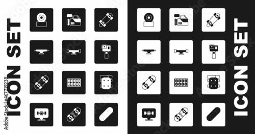 Set Longboard or skateboard, Skateboard wheel, Action camera, Cinema, Knee pads and icon. Vector