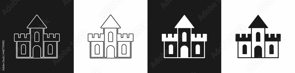 Set Sand castle icon isolated on black and white background. Vector