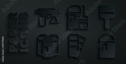 Set Color palette guide, Paint brush, spray can, bucket, with and gun icon. Vector
