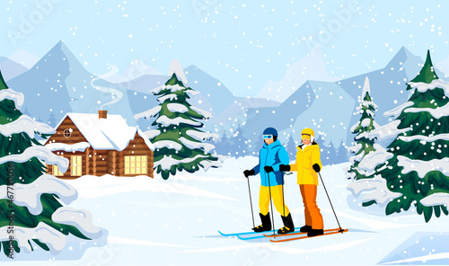 Winter mountain landscape with skiers. Happy man and woman stands with skis with Alps in background. Blue sky, tops of rocks on background. Winter sport activities. Skiing resort. Vector illustration
