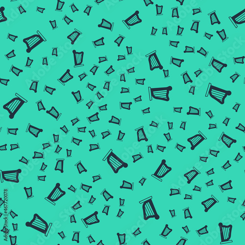 Black Harp icon isolated seamless pattern on green background. Classical music instrument, orhestra string acoustic element. Vector