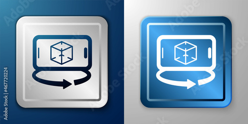 White 3d modeling icon isolated on blue and grey background. Augmented reality or virtual reality. Silver and blue square button. Vector
