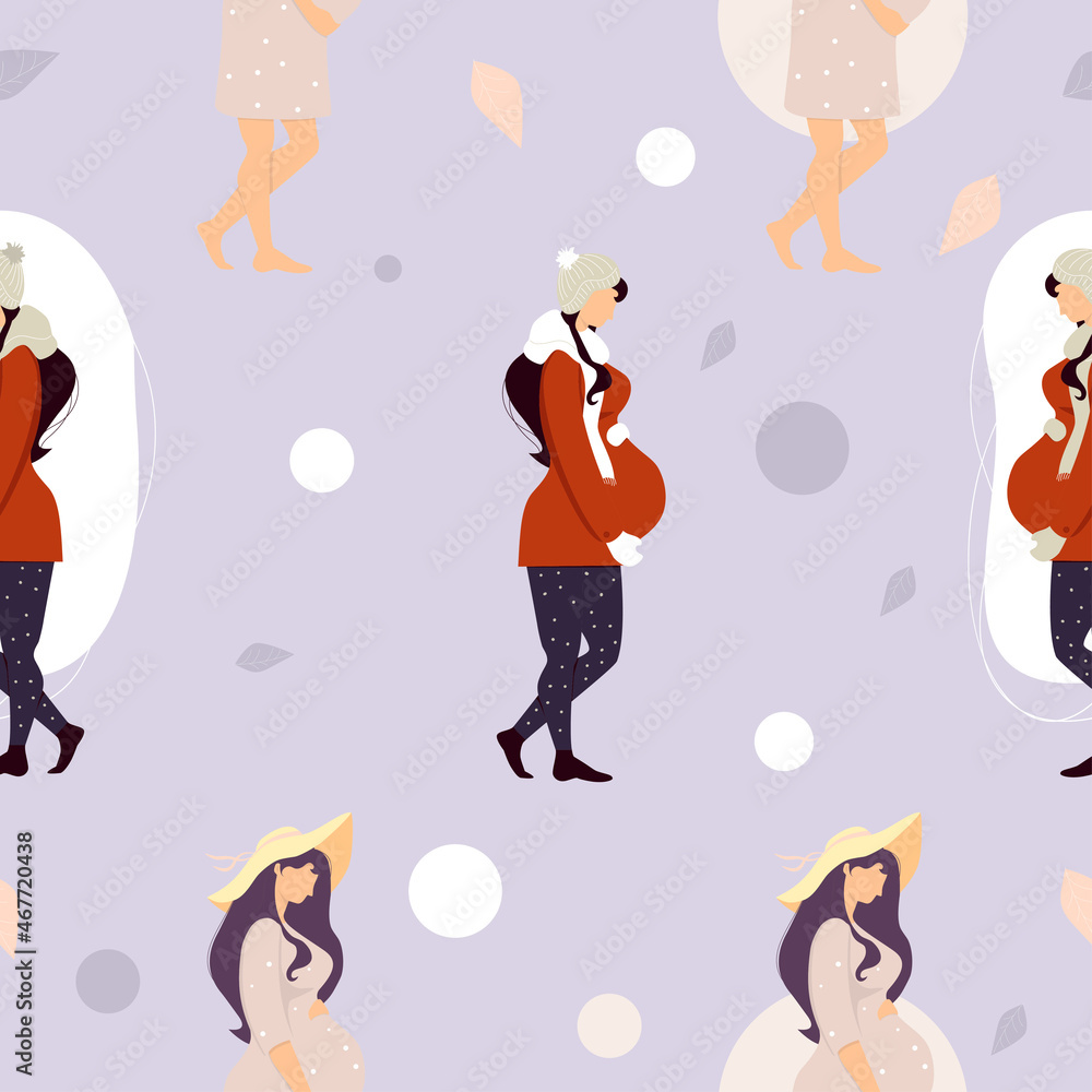 Obraz premium Seamless pattern with pregnant girls. Happy women in winter and summer clothes on light purple background. Vector illustration. Maternity and female health concept