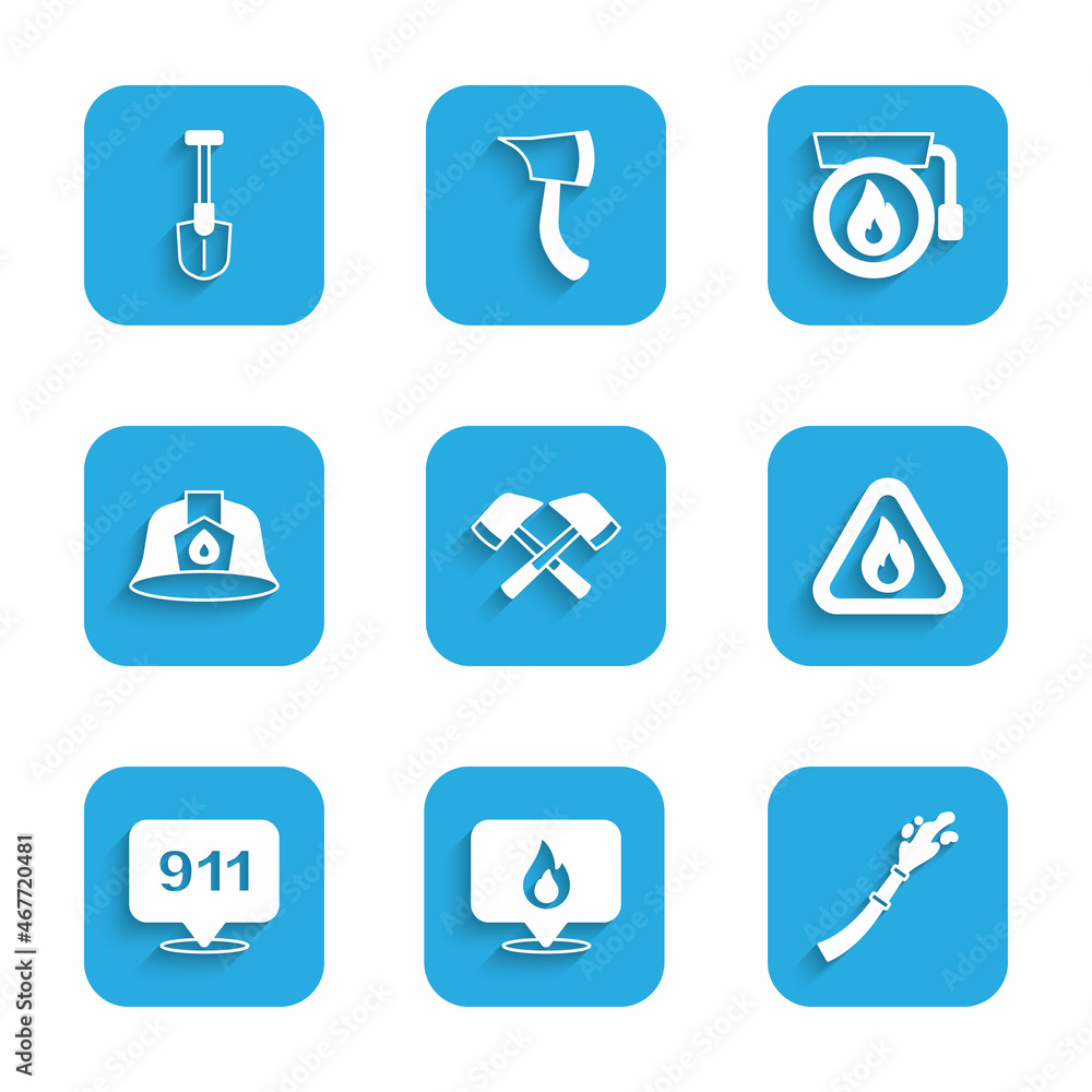 Set Firefighter axe, Location with fire flame, hose reel, in triangle, Emergency call 911, helmet, Ringing alarm bell and shovel icon. Vector Set Firefighter axe, Location with fire flame, hose reel, in triangle, Emergency call 911, helmet, Ringing alarm bell and shovel icon. Vector