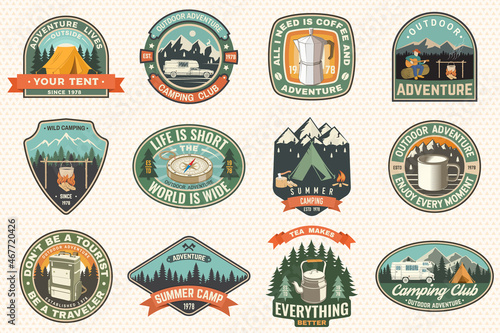 Summer camp with design elements. Vector illustration. Camping and outdoor adventure emblems. Typography design with retro camping tea kettle, pocket knife, camping tent, mug and forest silhouette.