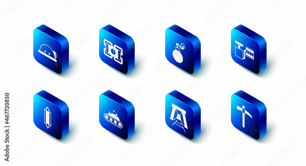 Set Dynamite, Bomb, Handle detonator, Pickaxe, Mine entrance, Conveyor belt carrying coal, Gem stone and Miner helmet icon. Vector Set Dynamite, Bomb, Handle detonator, Pickaxe, Mine entrance, Conveyor belt carrying coal, Gem stone and Miner helmet icon. Vector