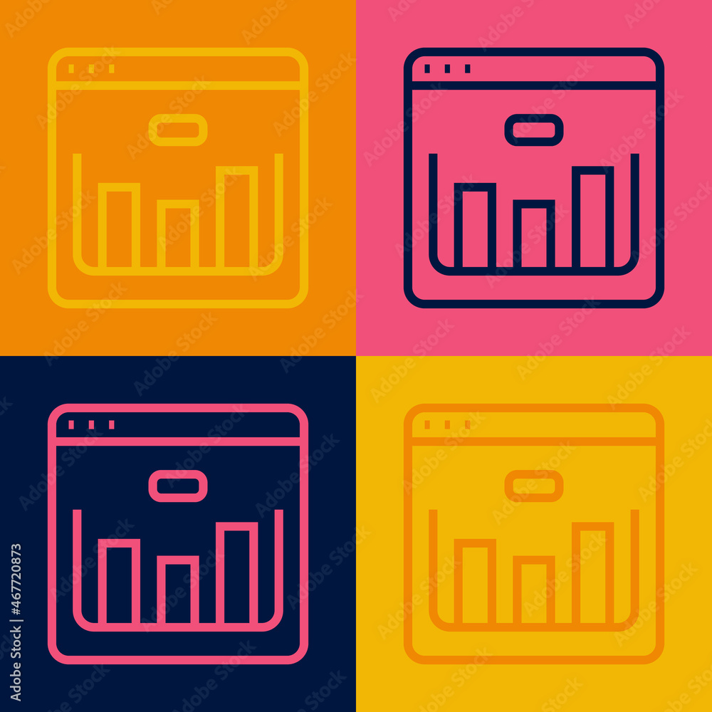 Pop art line Browser with stocks market growth graphs and money icon isolated on color background. Monitor with stock charts arrow on screen. Vector Pop art line Browser with stocks market growth graphs and money icon isolated on color background. Monitor with stock charts arrow on screen. Vector