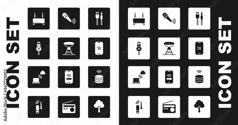 Set USB cable cord, Satellite dish, No usb, Router and wi-fi signal, Mobile with 5G, Wireless microphone, Smart data server and Network cloud connection icon. Vector Set USB cable cord, Satellite dish, No usb, Router and wi-fi signal, Mobile with 5G, Wireless microphone, Smart data server and Network cloud connection icon. Vector