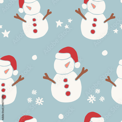 Seamless Christmas pattern with the image of snowman and snowflakes on blue background.