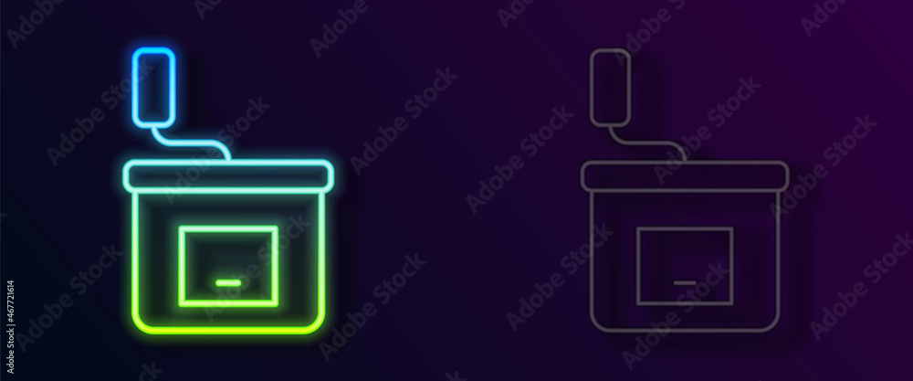 Glowing neon line Manual coffee grinder icon isolated on black background. Vector