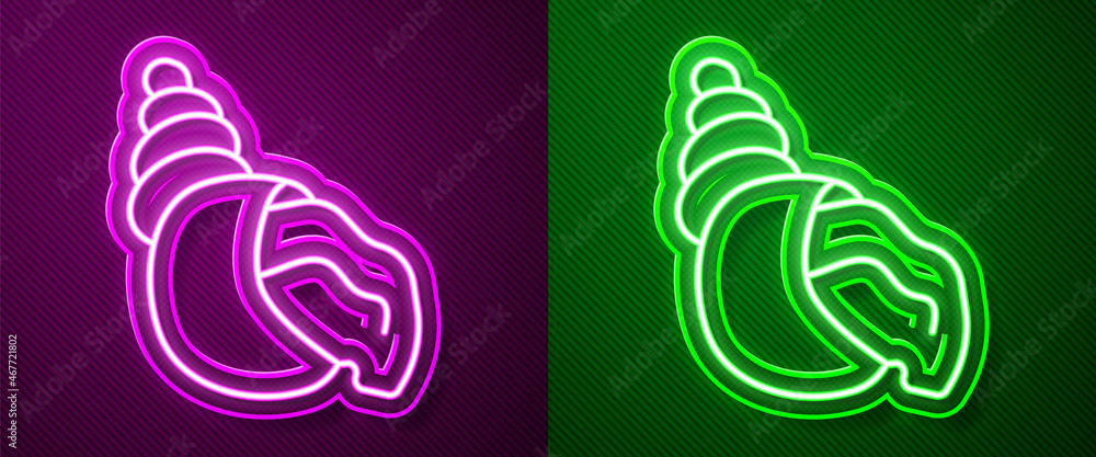 Glowing neon line Scallop sea shell icon isolated on purple and green background. Seashell sign. Vector Glowing neon line Scallop sea shell icon isolated on purple and green background. Seashell sign. Vector