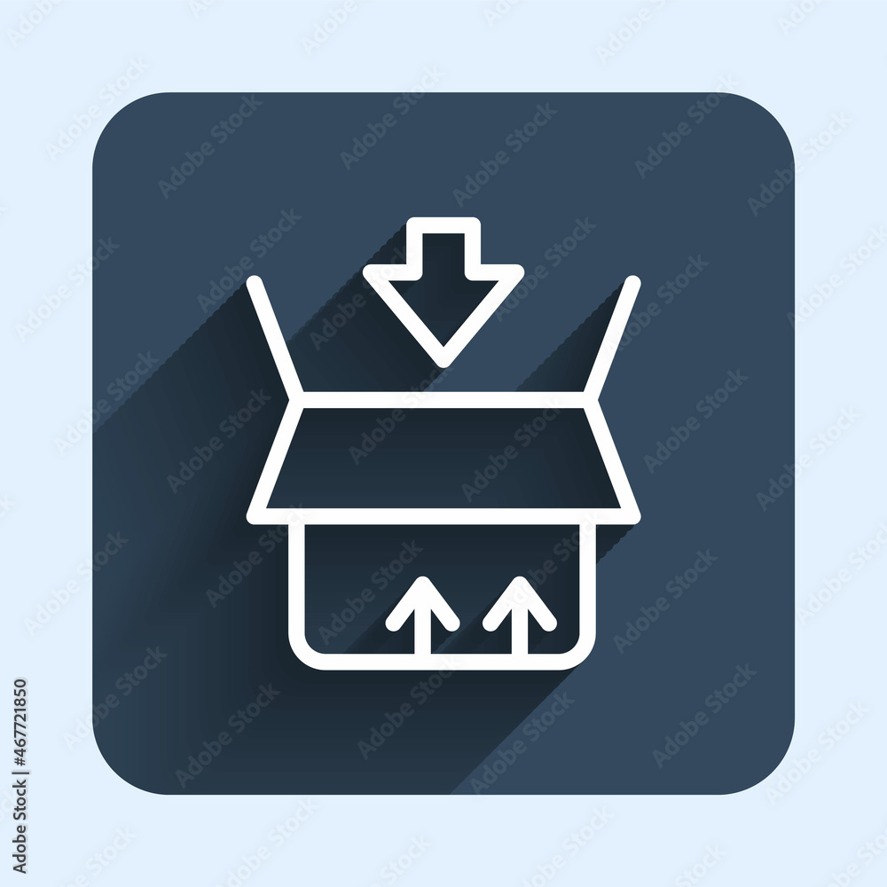 White line Carton cardboard box icon isolated with long shadow background. Box, package, parcel sign. Delivery and packaging. Blue square button. Vector White line Carton cardboard box icon isolated with long shadow background. Box, package, parcel sign. Delivery and packaging. Blue square button. Vector