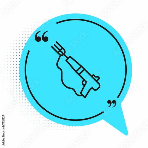 Black line Fishing harpoon icon isolated on white background. Fishery manufacturers for catching fish under water. Diving underwater equipment. Blue speech bubble symbol. Vector