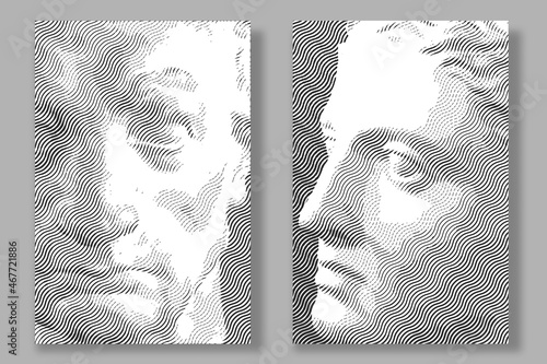 Engraved antique face. Vector illustration. Digital graphic for posters, banners, flyers, cover, historic artwork, ancient picture. Vintage engraving. Plaster head.