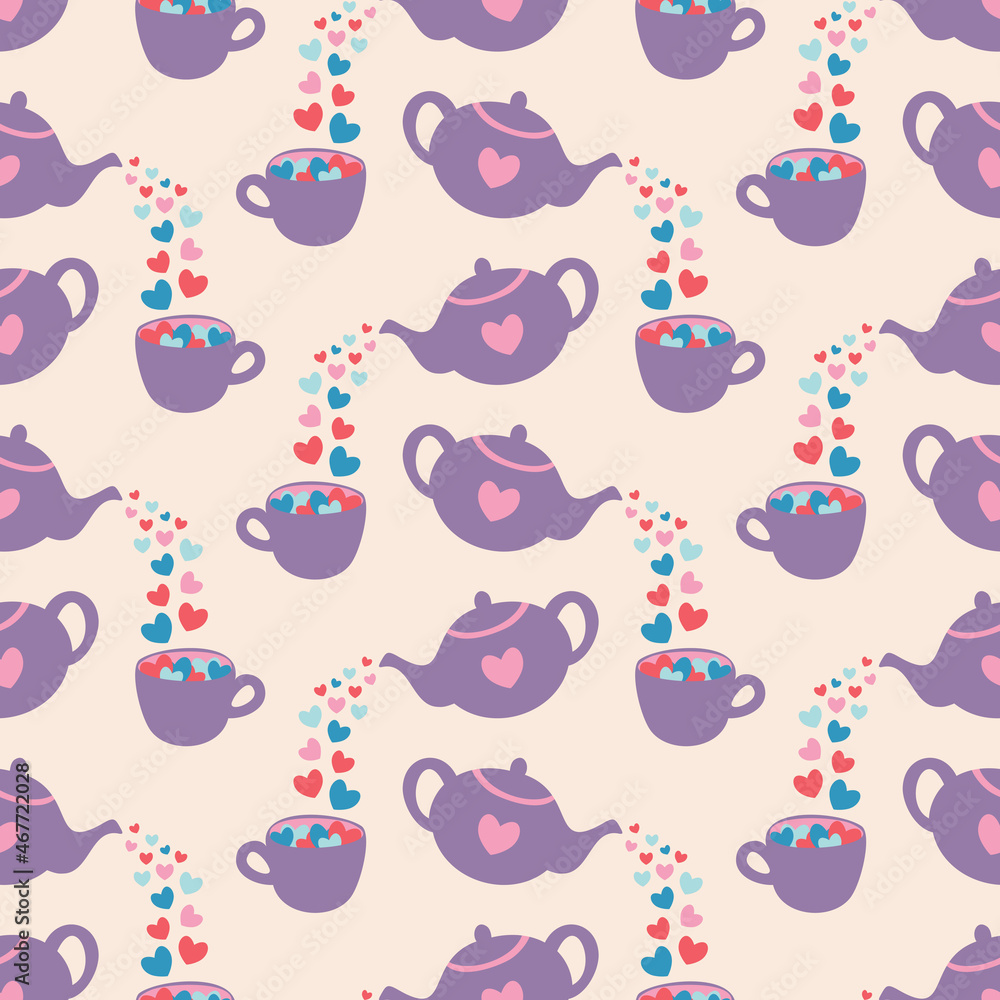 Vector seamless pattern with teapots, cups and hearts. Hand drawn design. Vector seamless pattern with teapots, cups and hearts. Hand drawn design.