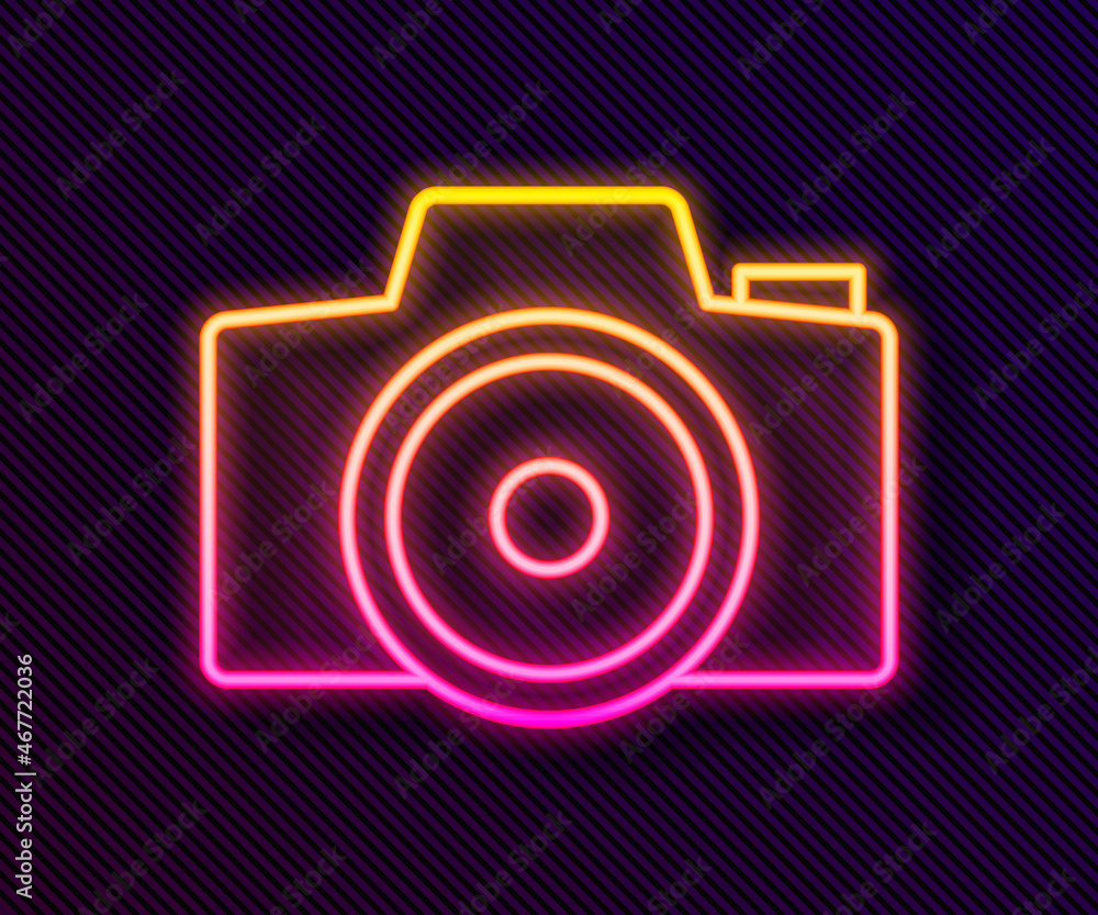 Glowing neon line Photo camera icon isolated on black background. Foto camera. Digital photography. Vector Glowing neon line Photo camera icon isolated on black background. Foto camera. Digital photography. Vector