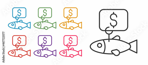 Set line Price tag for fish icon isolated on white background. Set icons colorful. Vector