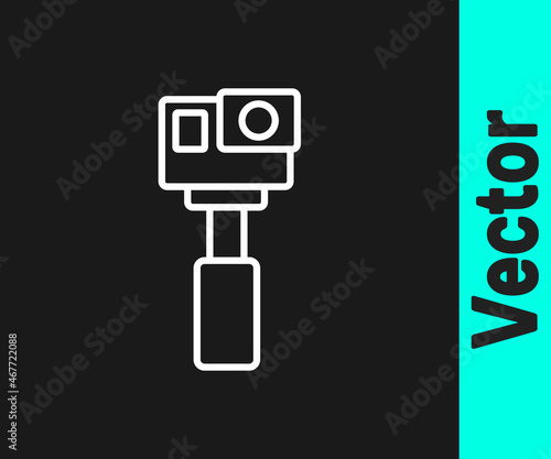 White line Action extreme camera icon isolated on black background. Video camera equipment for filming extreme sports. Vector