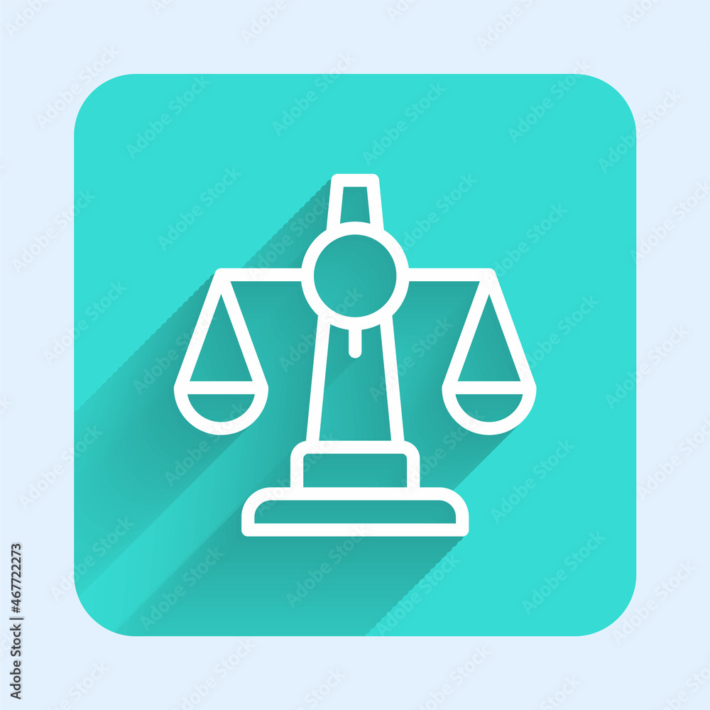 White line Scales of justice icon isolated with long shadow. Court of law symbol. Balance scale sign. Green square button. Vector White line Scales of justice icon isolated with long shadow. Court of law symbol. Balance scale sign. Green square button. Vector