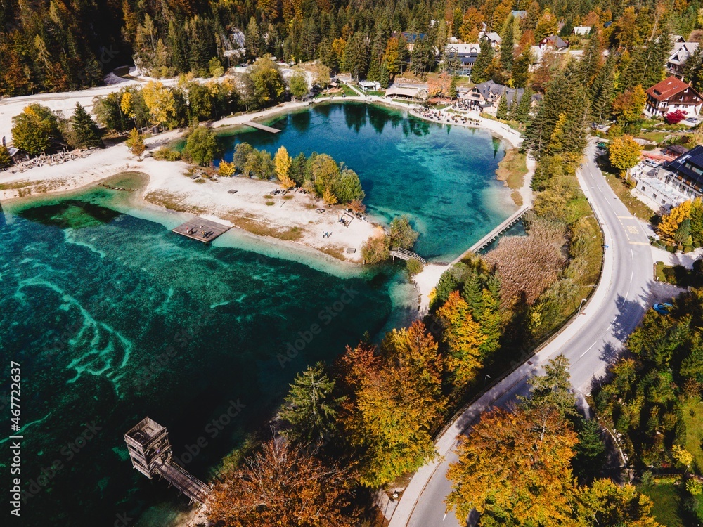 Lake Jasna (Jezero Jasna) by drone in Slovenia