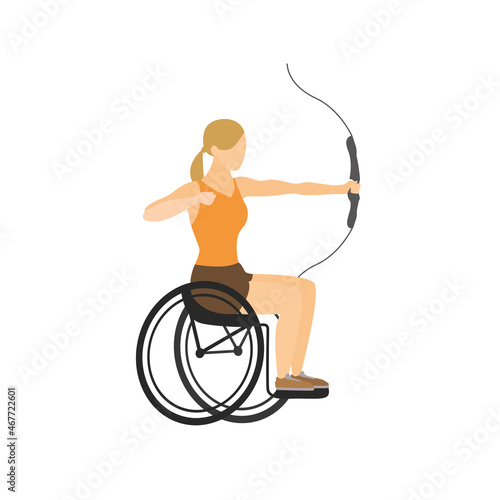 Disabled woman sitting on wheelchair shooting bow Isolated on white background. Athlete workout sportswoman limb exercise cartoon flat vector Illustration