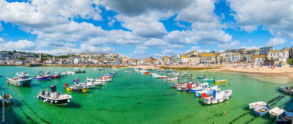 St Ives harbour panorama. Popular seaside town and port in Cornwall, England